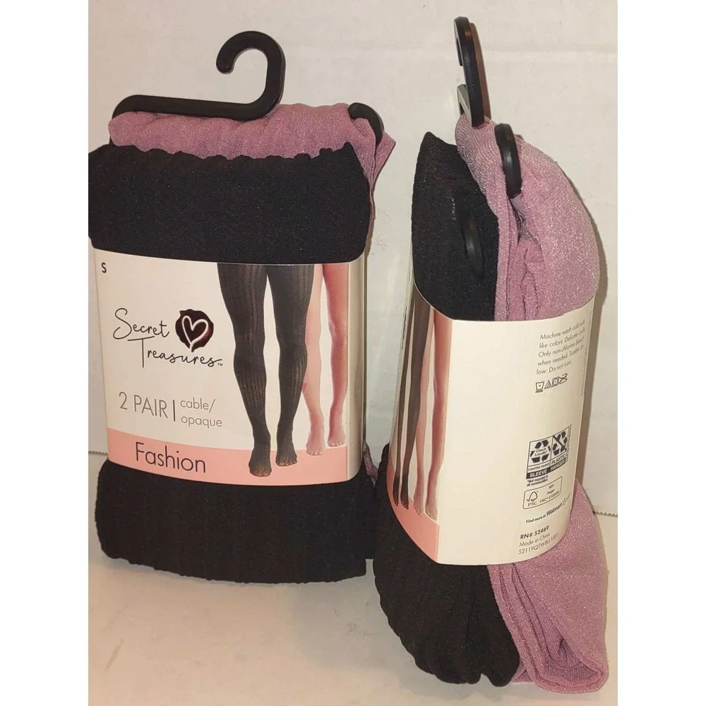Secret Treasures 2 Pair Pack Cable & Opaque Tights Black Mauve Pink Medium M